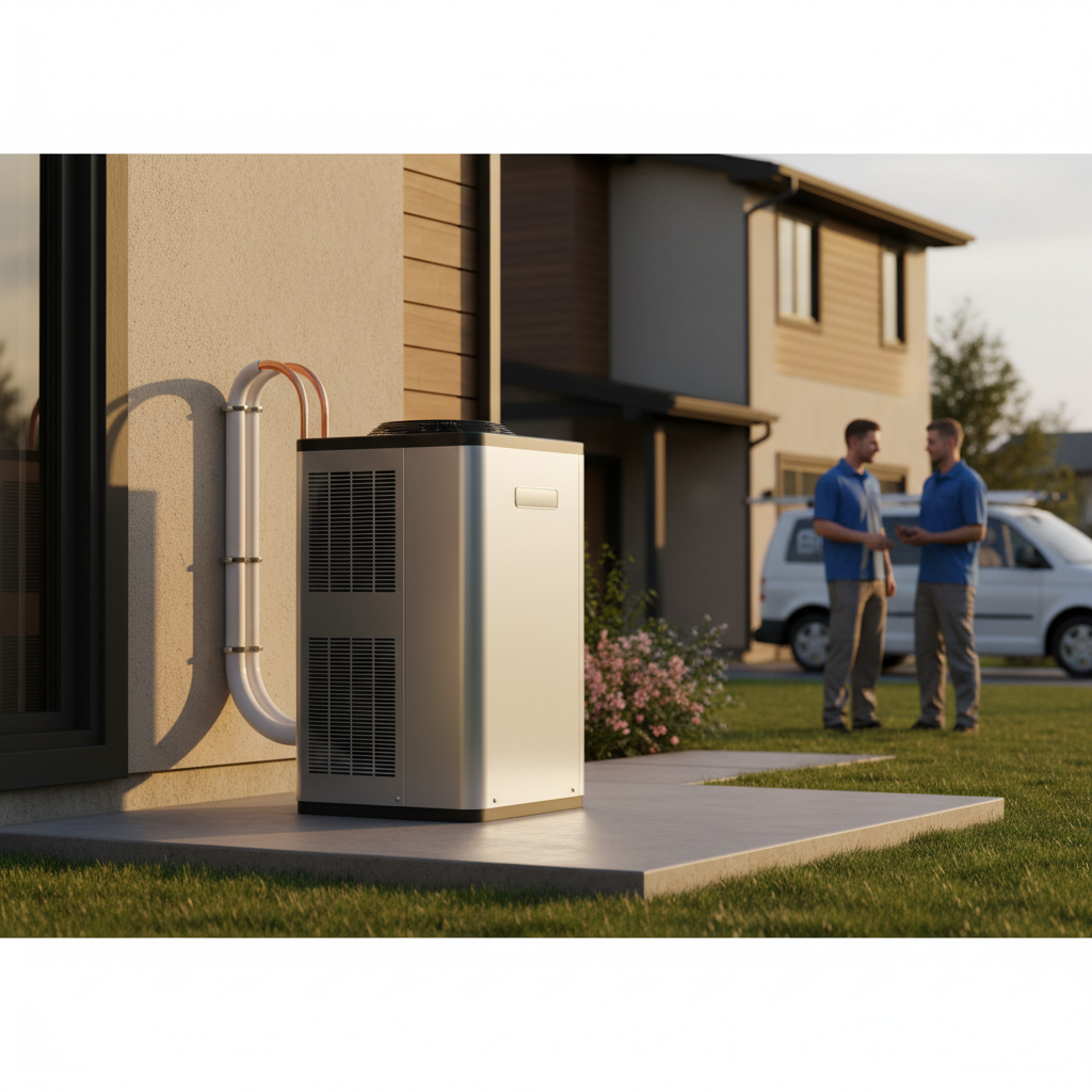 Outdoor compressor water heater unit installed at a Bay Area residence