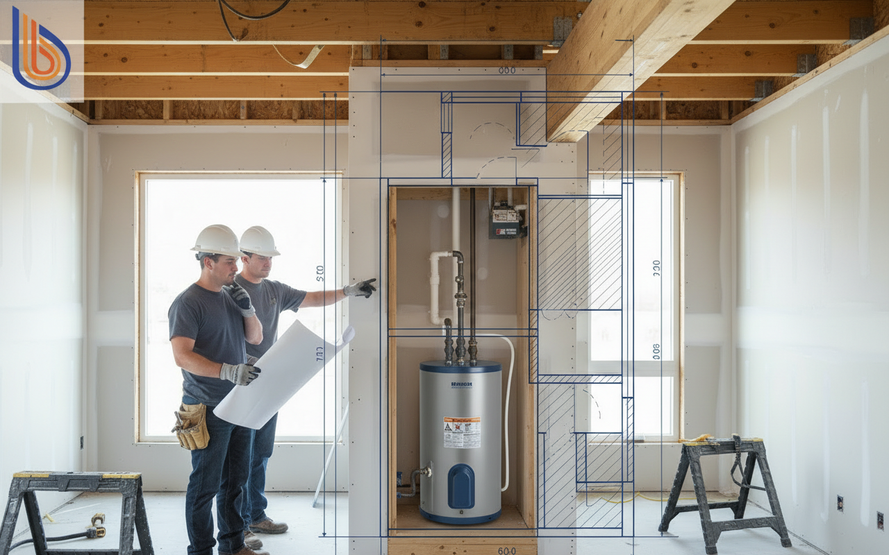 Architectural floor plan showing ADU water heater requirements and mechanical footprint
