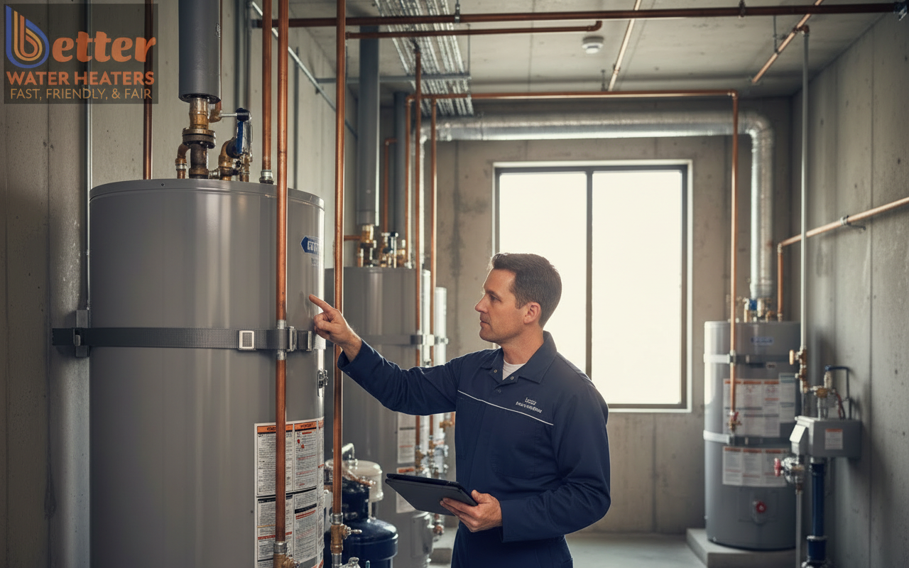 Technician performing a mechanical room audit on a commercial water heater
