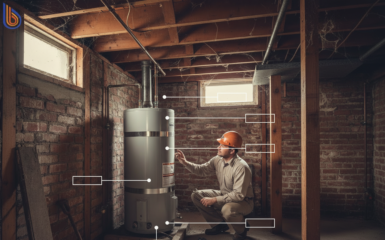 Technical diagram of mechanical room clearance for a Victorian home water heater