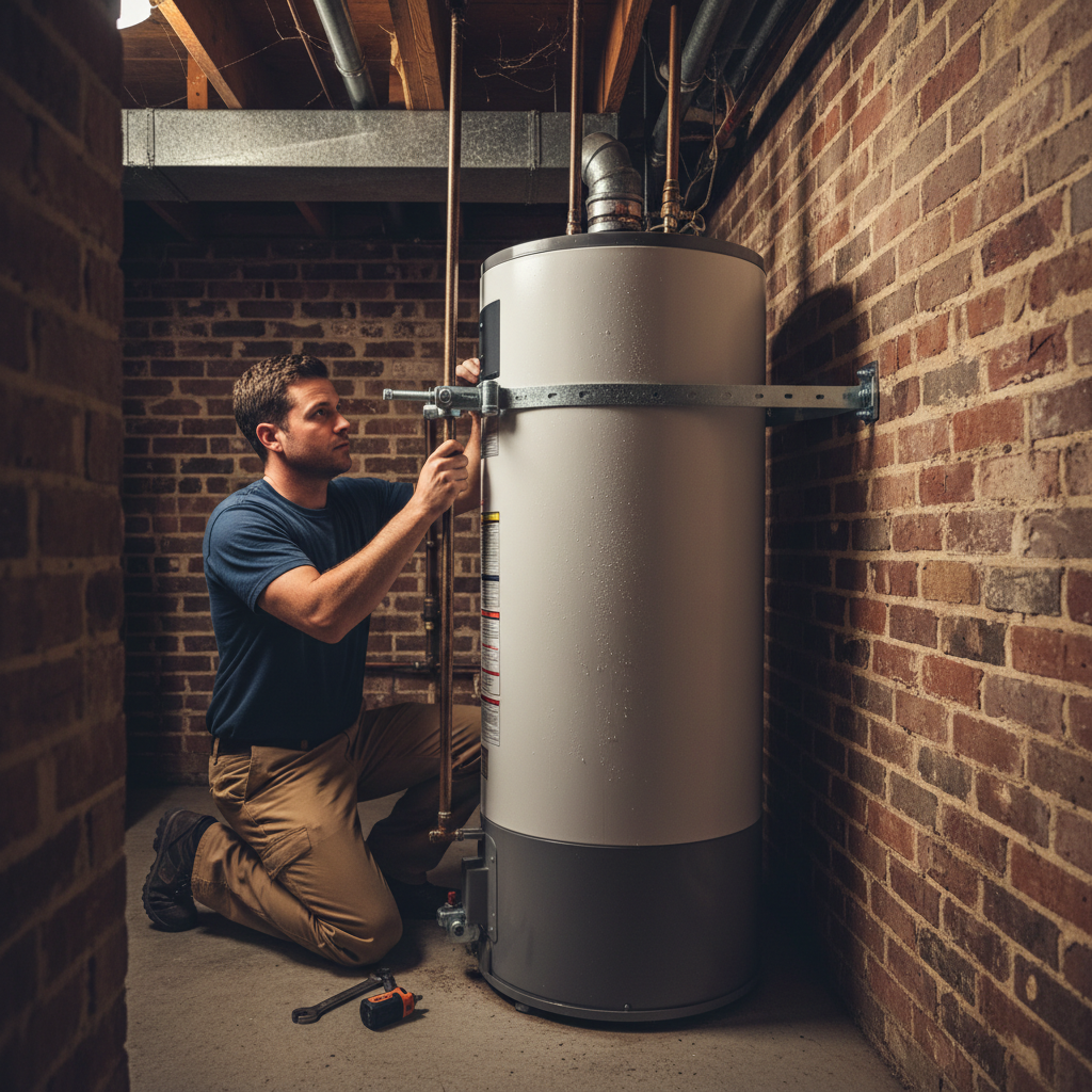 Plumber installing seismic bracing for a heat pump water heater in a San Francisco basement