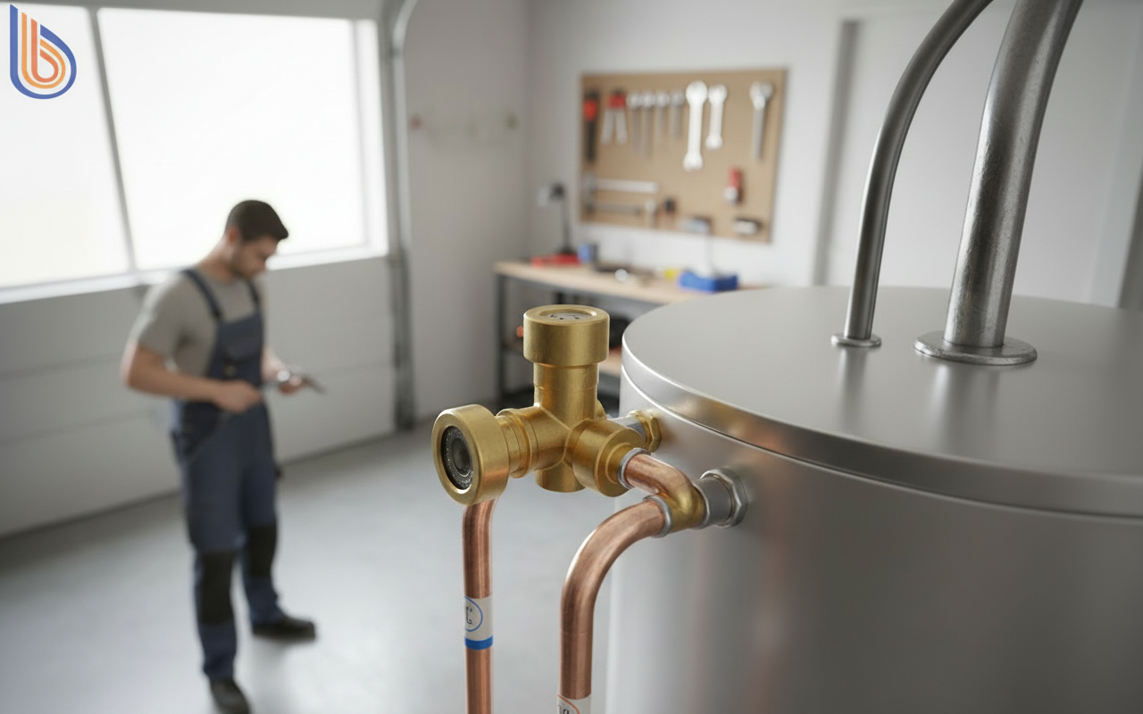 Close-up of a thermostatic mixing valve installed for thermal energy storage optimization
