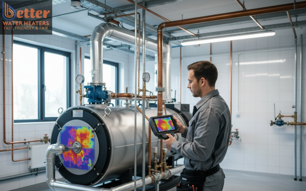Technician performing a thermal audit on multi-family water systems