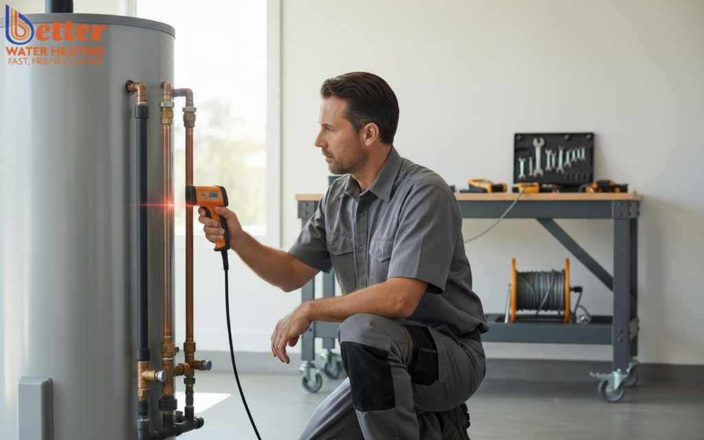 Technician performing a hot water performance audit in a Bay Area home