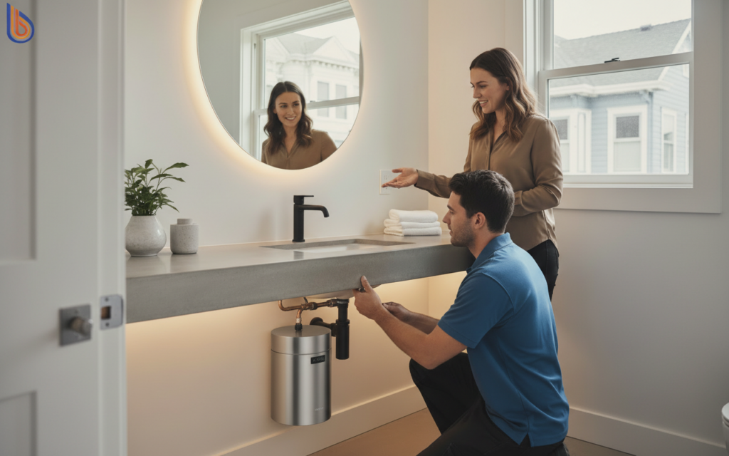 Compact point-of-use water heater installed under a bathroom sink for instant hot water