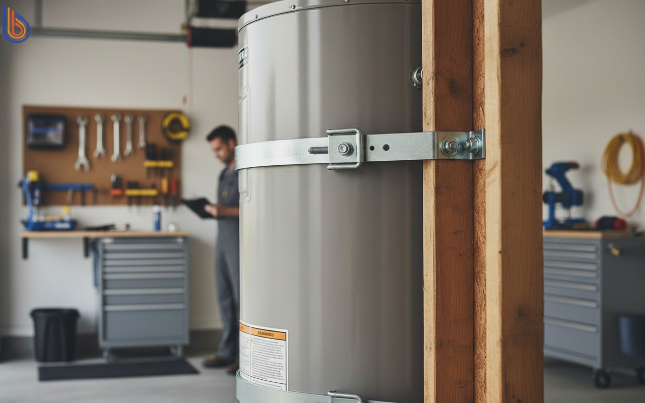 Close-up of a water heater with seismic safety audit strapping compliant with California code