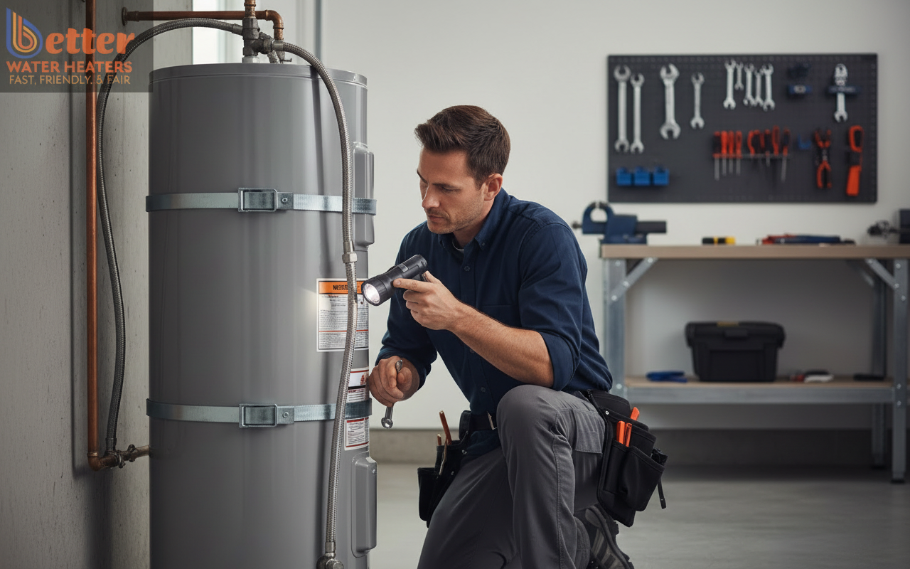 Professional performing a seismic safety audit on a water heater with earthquake strapping