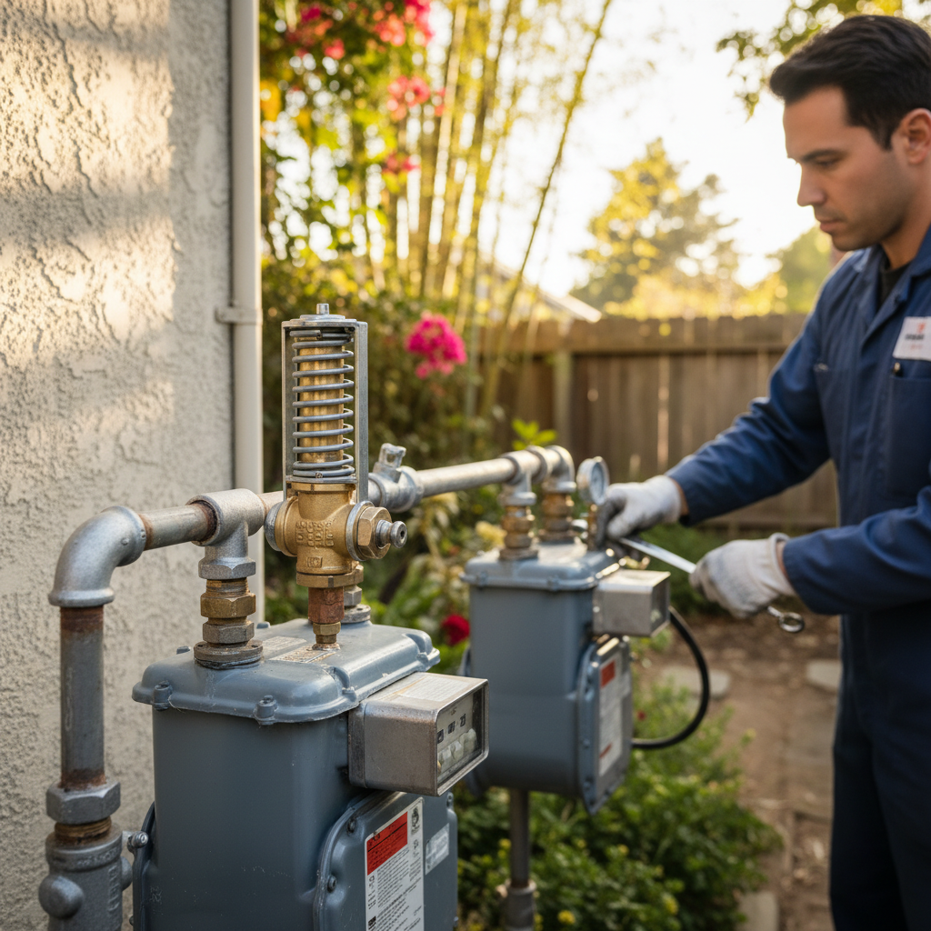 Close-up of a seismic gas shut-off valve installation in the Bay Area