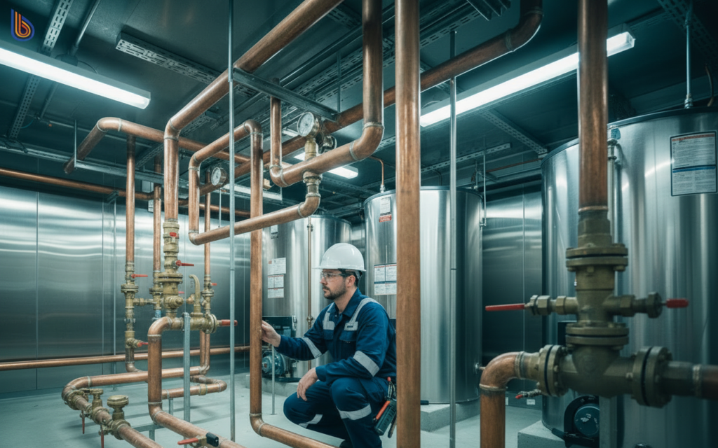 Engineer conducting a site_readiness_framework audit on commercial plumbing pipes