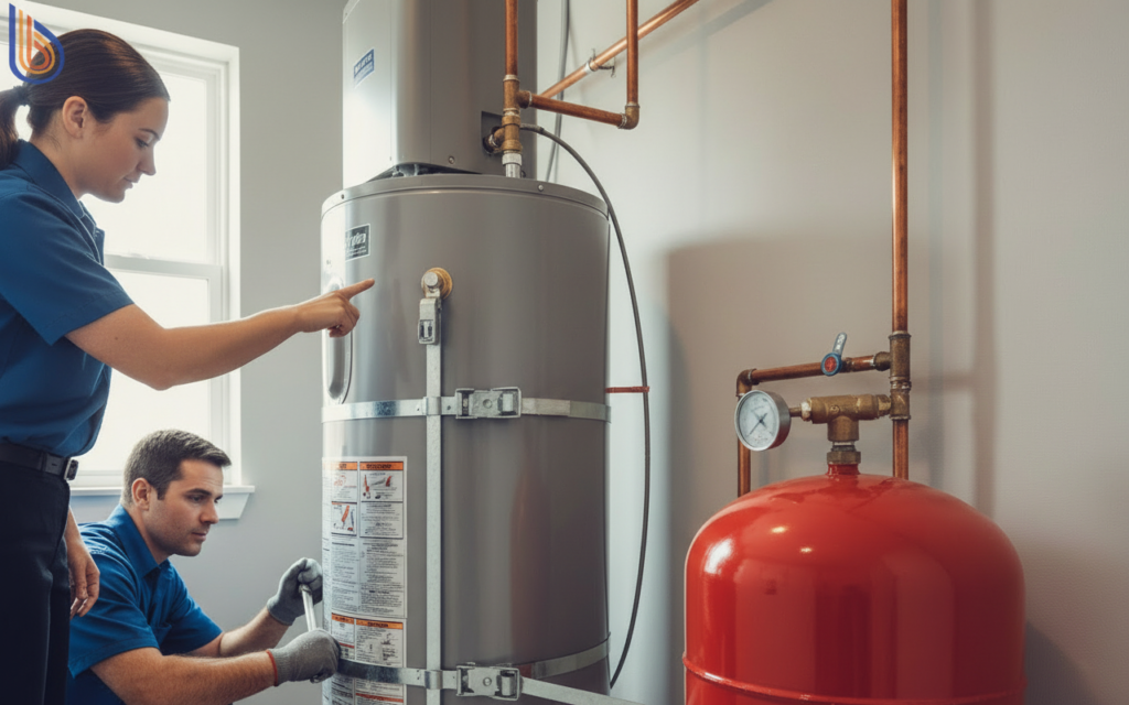 Professional water heater commissioning showing seismic straps and expansion tank