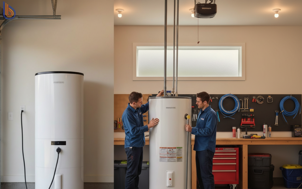 120V heat pump water heater vs 240V model comparison in a garage