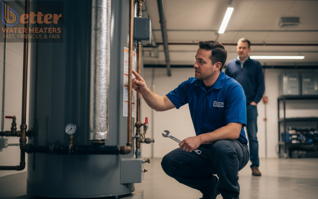 Professional inspection of a rental property water heater in a Bay Area apartment building