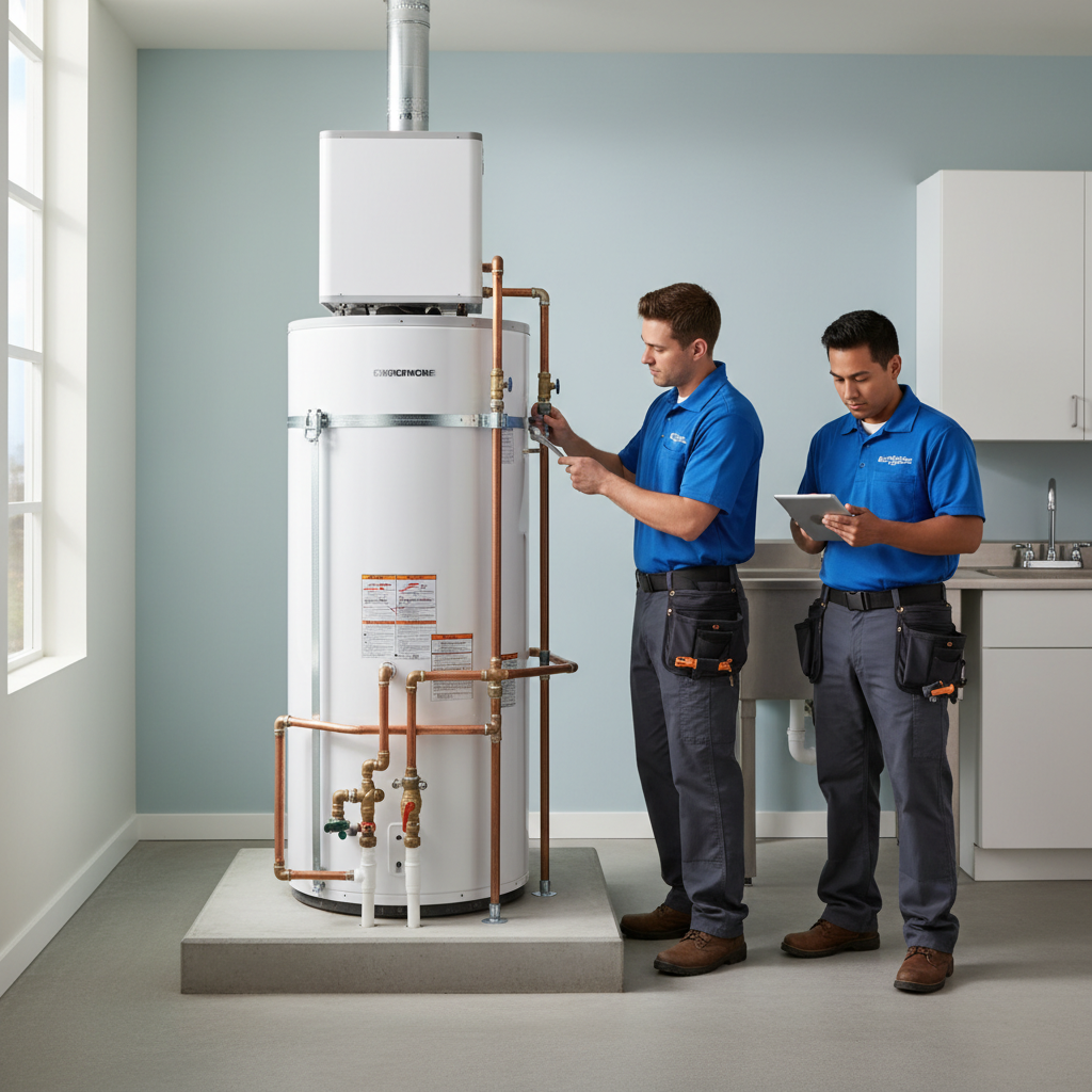 Professional heat pump evaporator placement featuring proper clearance and seismic strapping