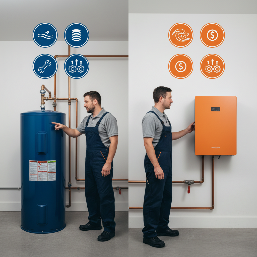 Infographic comparing 50-gallon tank vs tankless performance metrics