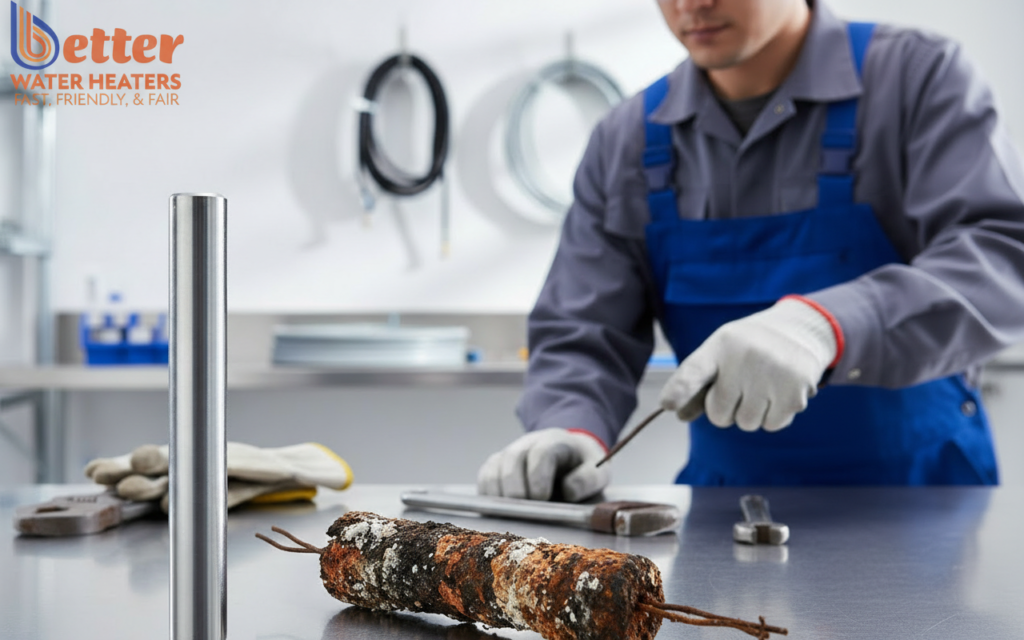 Comparison of new and corroded anode rod materials showing the effects of water heater corrosion