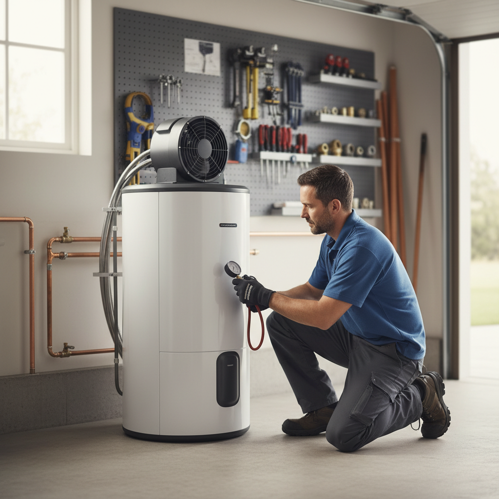 Heat Pump Water Heater Audit Professional water heater specialist performing a capacity audit on a heat pump system