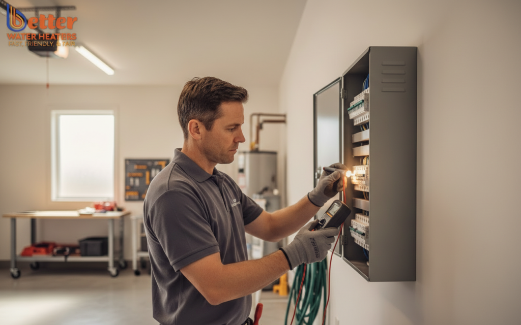 Electrician performing a service panel evaluation for a heat pump conversion