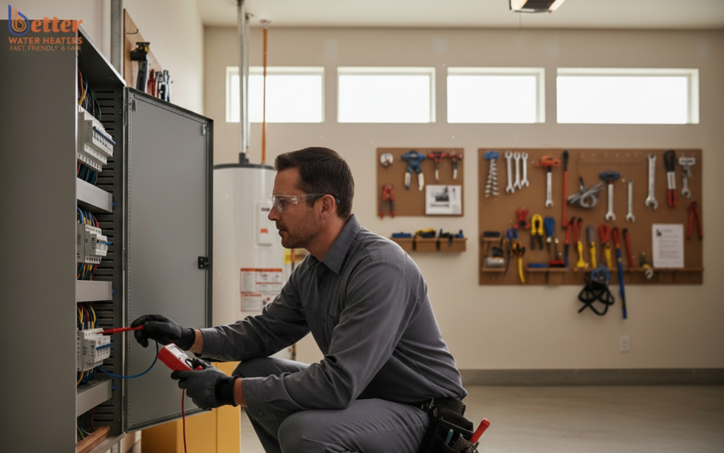 Professional performing an electrical panel assessment for a heat pump water heater