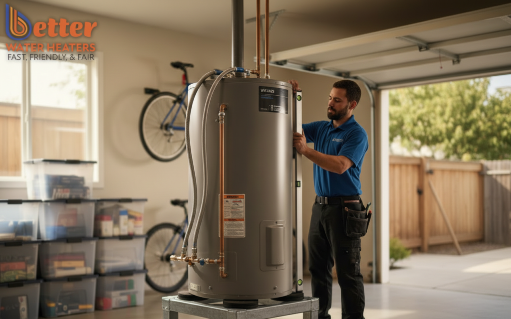 Professional quiet water heater installation featuring anti-vibration mounting pads and flexible connectors in a San Jose garage.