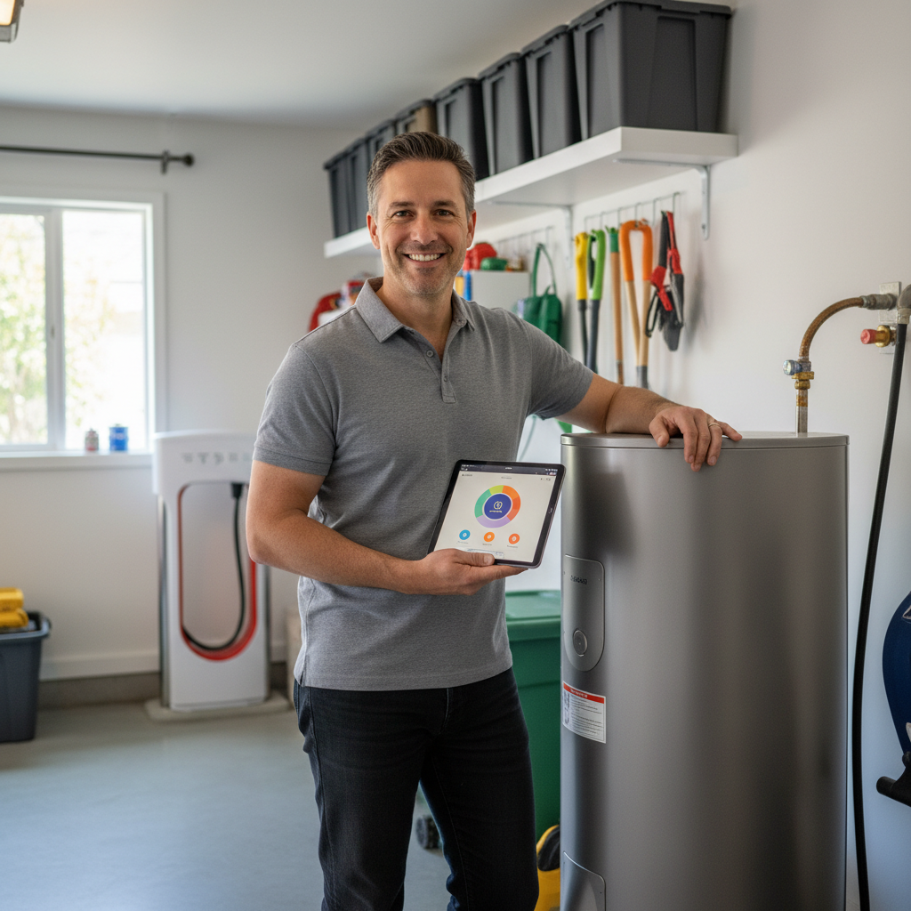 Homeowner using smart app to control heat pump noise levels and schedule quiet mode.