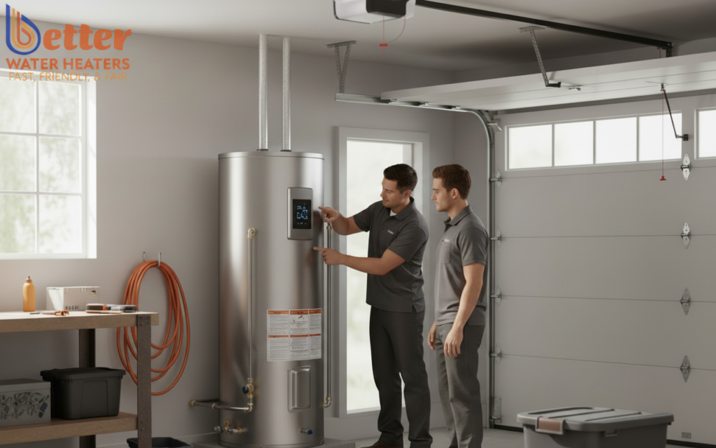 Modern heat pump recovery rate installation in a Bay Area home showing the storage tank and compressor unit.