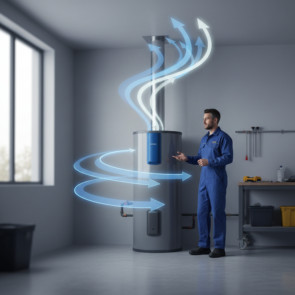 Infographic showing water heater airflow and ambient heat exchange