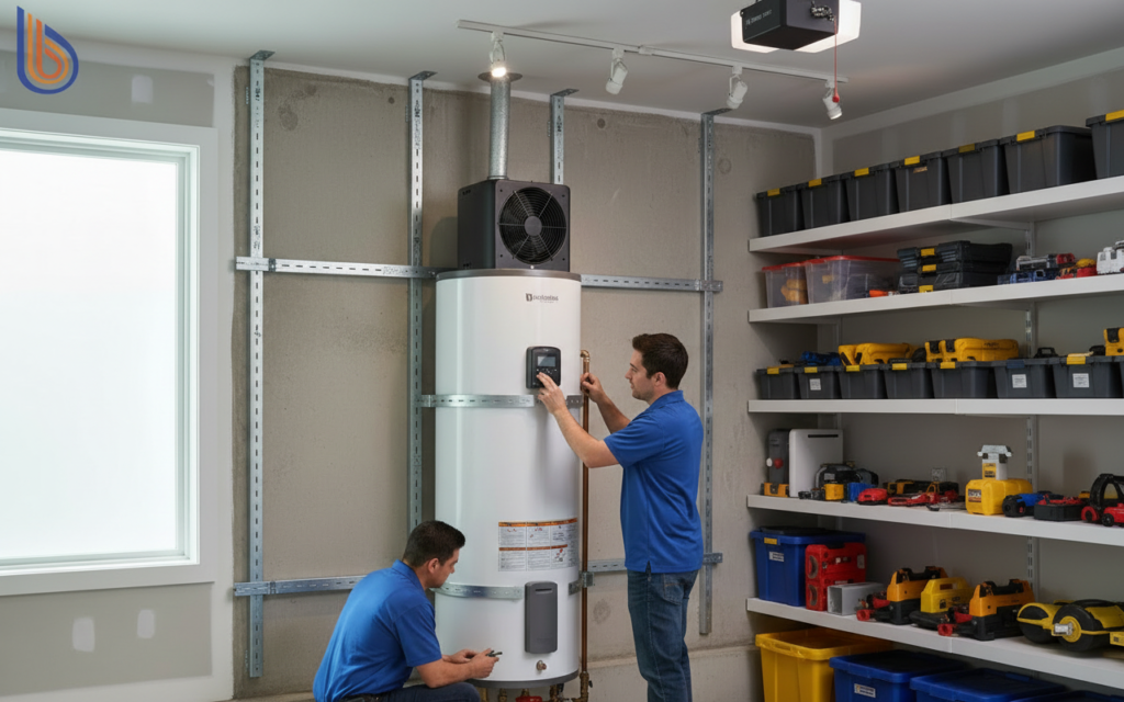 Heat Pump vs. Tankless installation showing a hybrid unit with seismic strapping in a San Francisco home