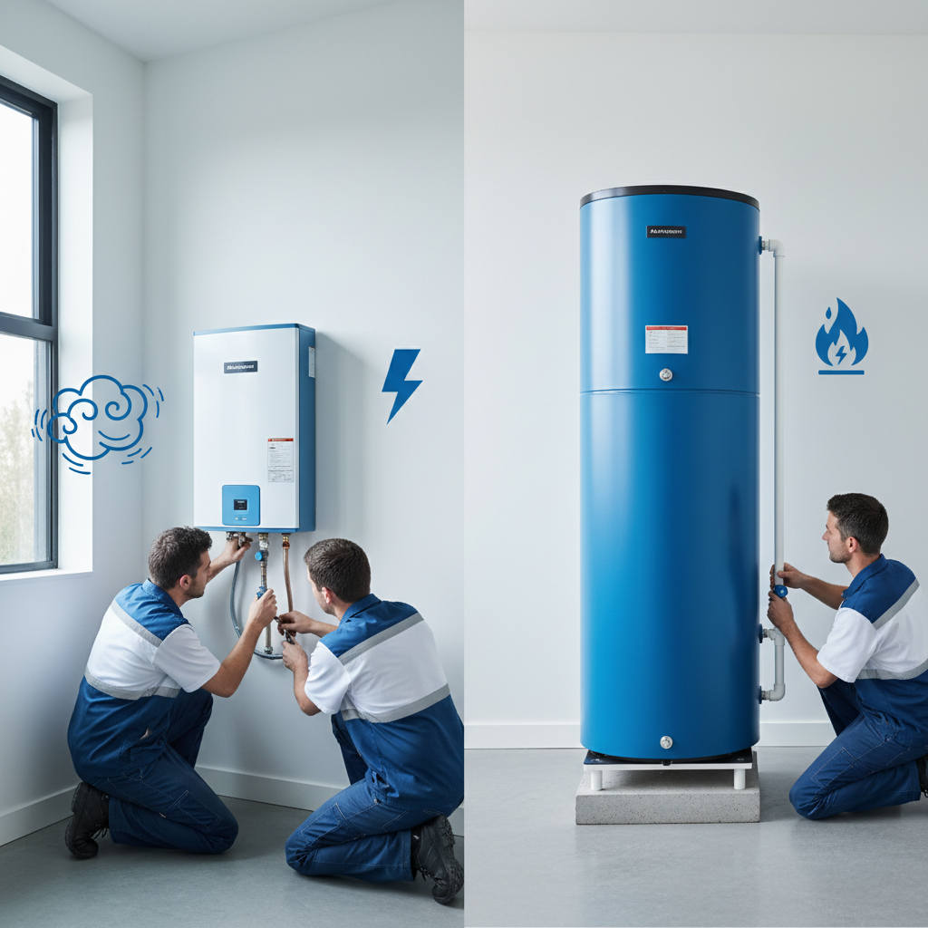 Water Heater Technology Comparison Infographic comparing Heat Pump vs. Tankless dimensions and energy sources
