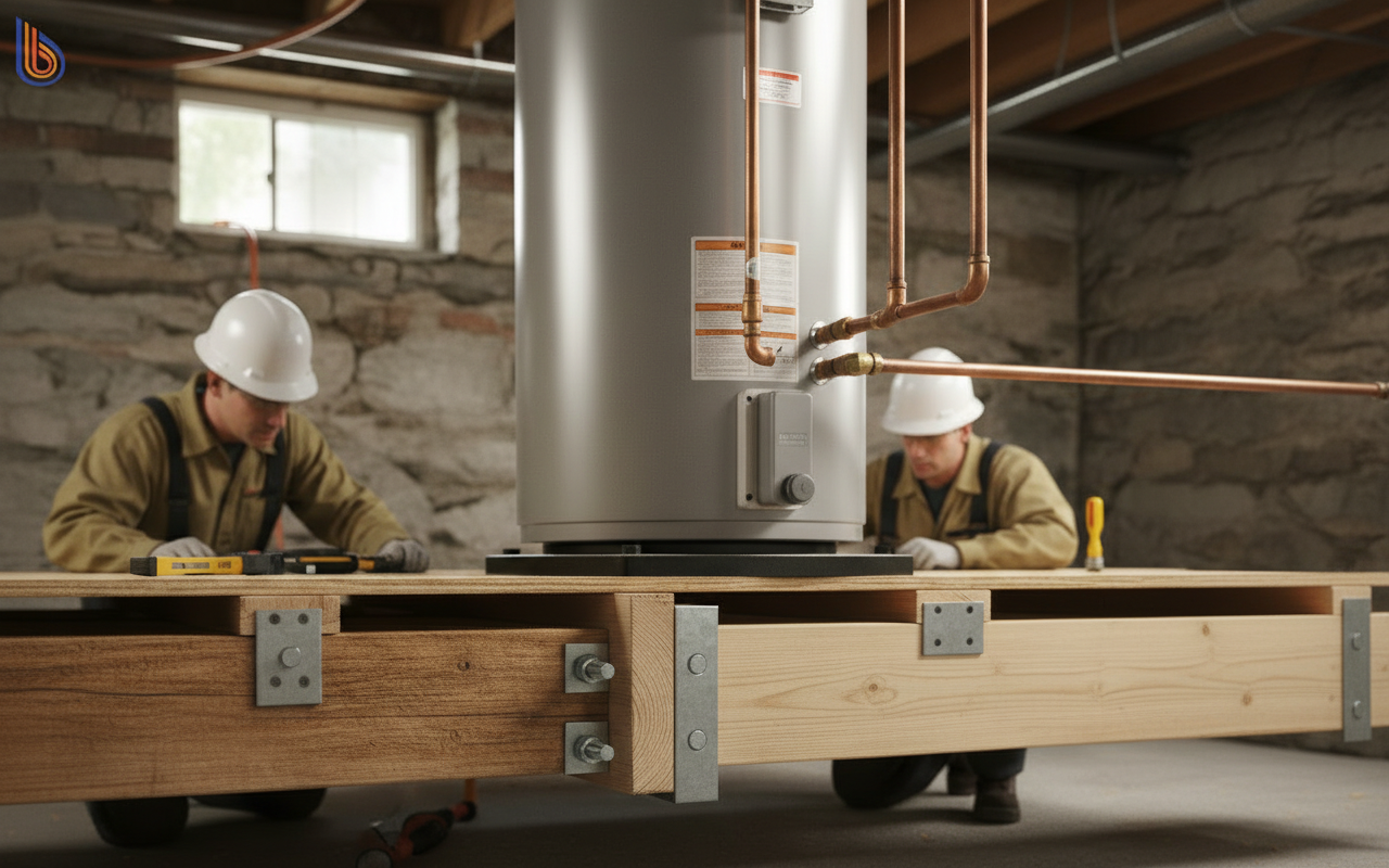 Floor joist reinforcement for a heavy historic home water heater installation