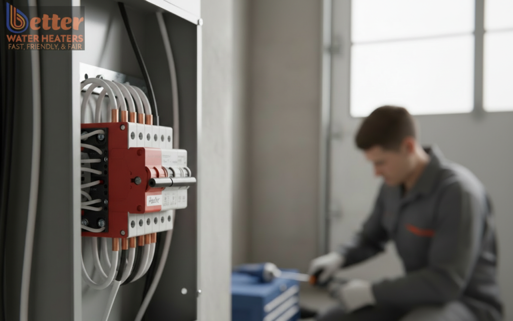 A double-pole circuit breaker for a 240V water heater upgrade in a residential panel