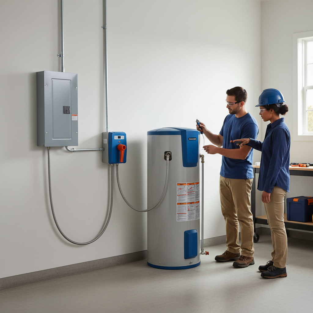 Infographic of 240V water heater electrical requirements and wiring path