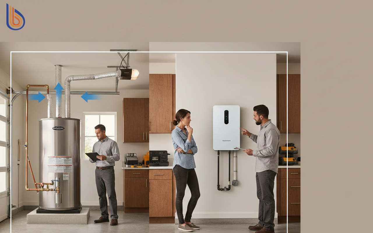 Comparison diagram showing hybrid vs electric water heater installation and airflow