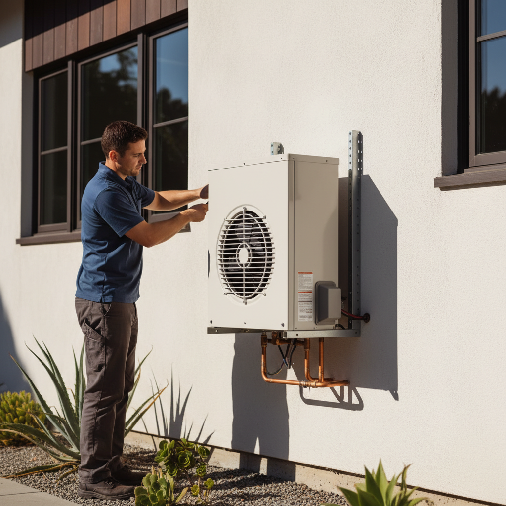 External compressor installation for a split system heat pump water heater in a Bay Area home