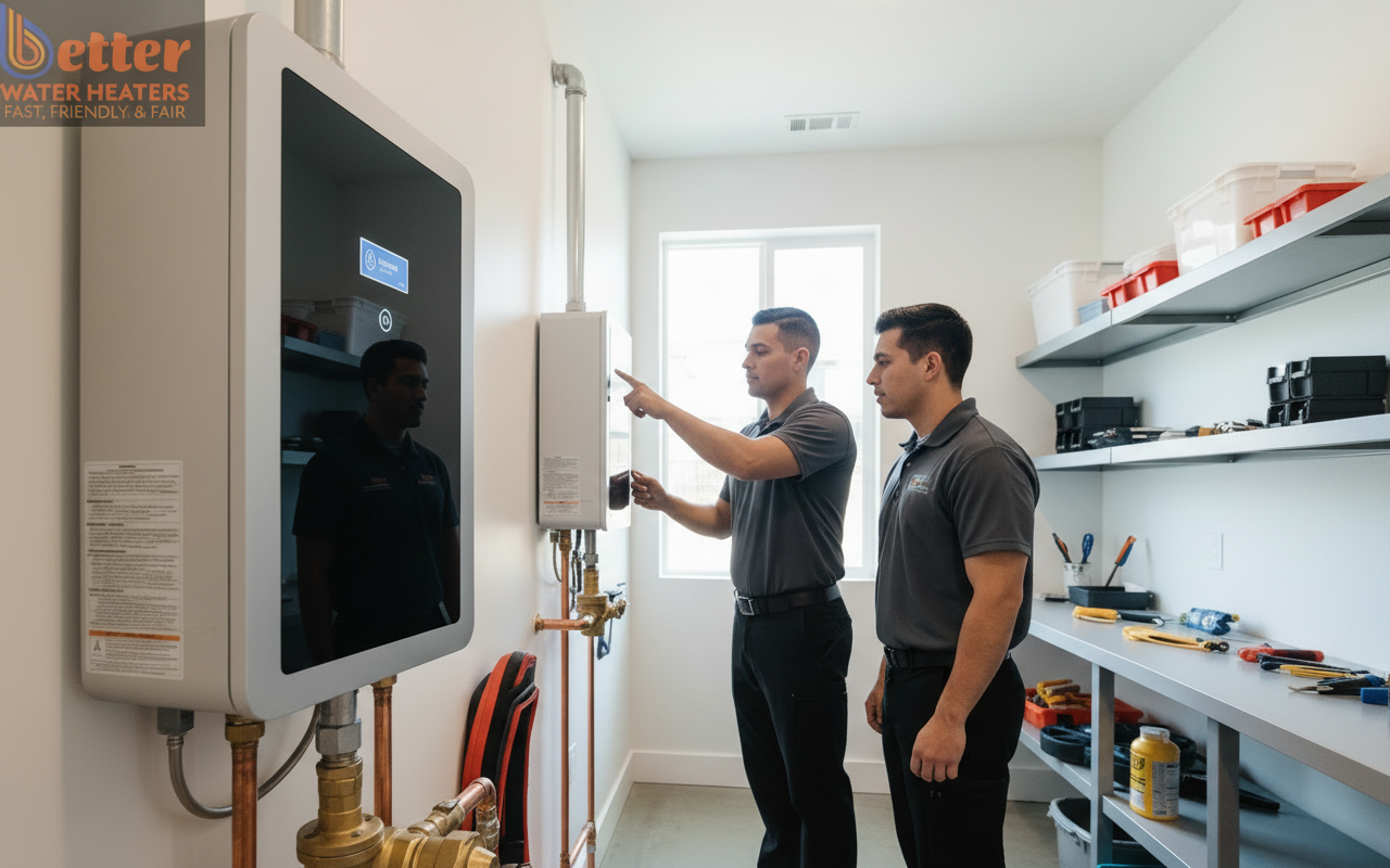 A professional installation of a smart leak detection system on a modern water heater