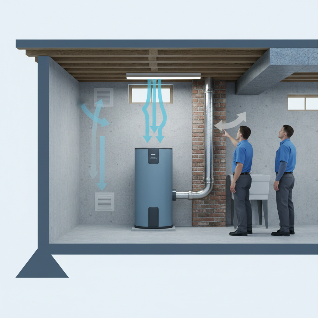 Bungalow water heater upgrade venting and airflow diagram