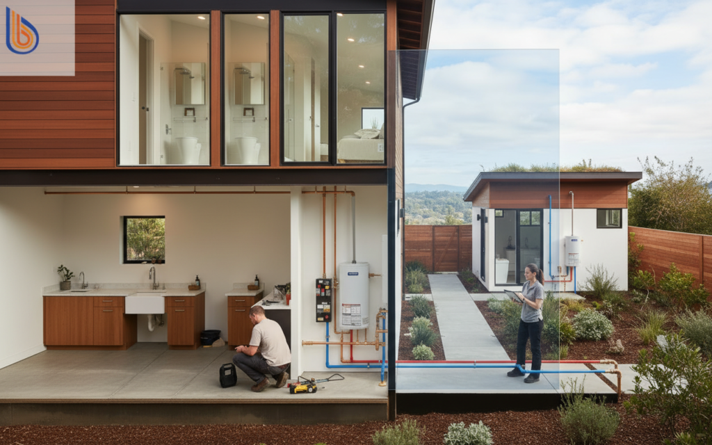 Strategic multi-generational home plumbing layout showing main house and ADU integration