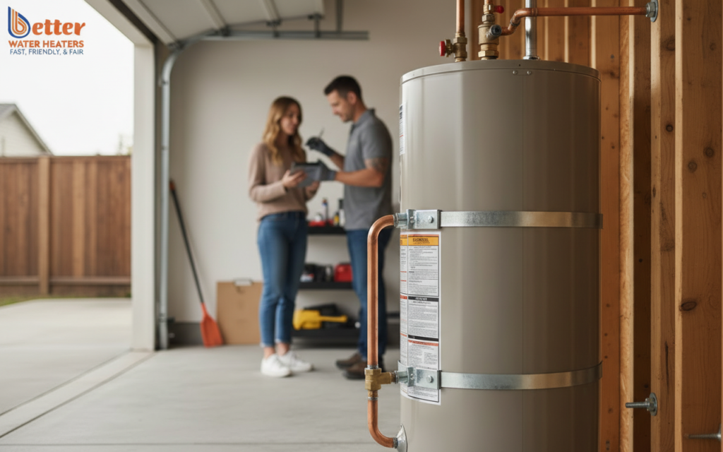 Close-up of a pre-appraisal water heater audit showing compliant seismic strapping
