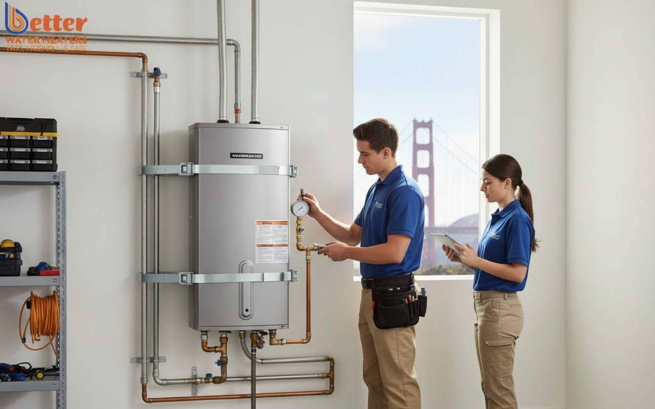 A compliant water heater installation during a pre-sale mechanical audit in a Bay Area home