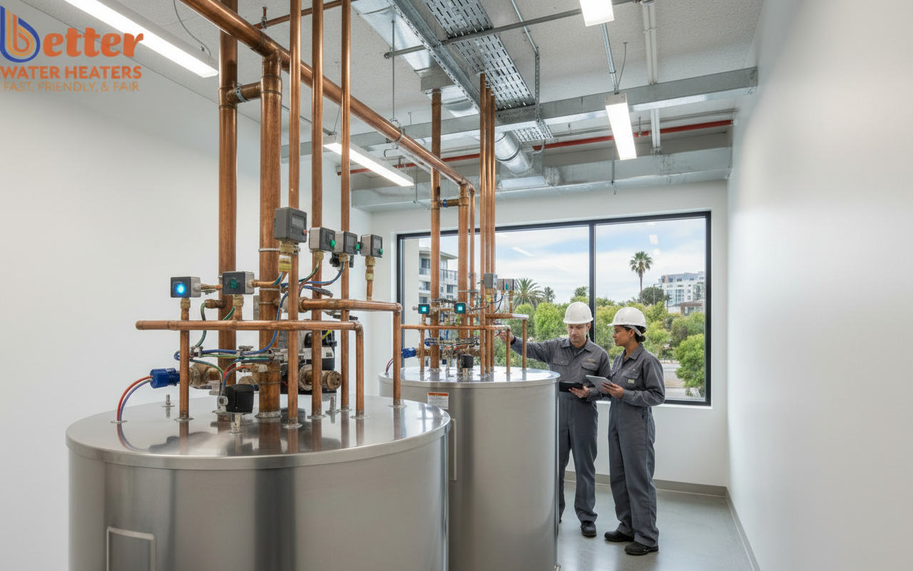 Commercial heat pump water heaters installed as part of a multi-unit water heater retrofit in a Bay Area building