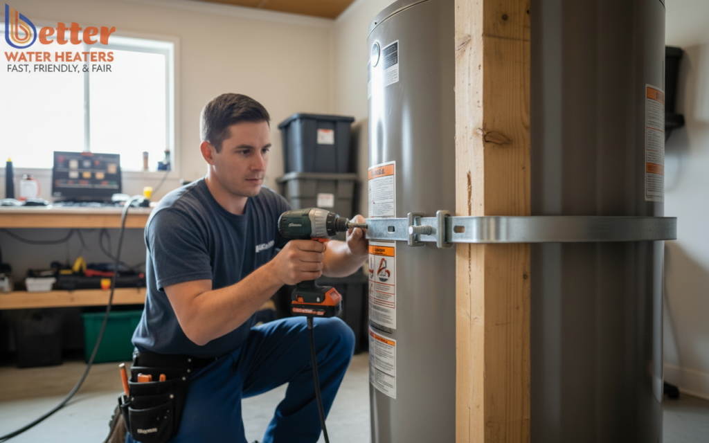 Professional installation of seismic bracing protocol with earthquake straps on a water heater