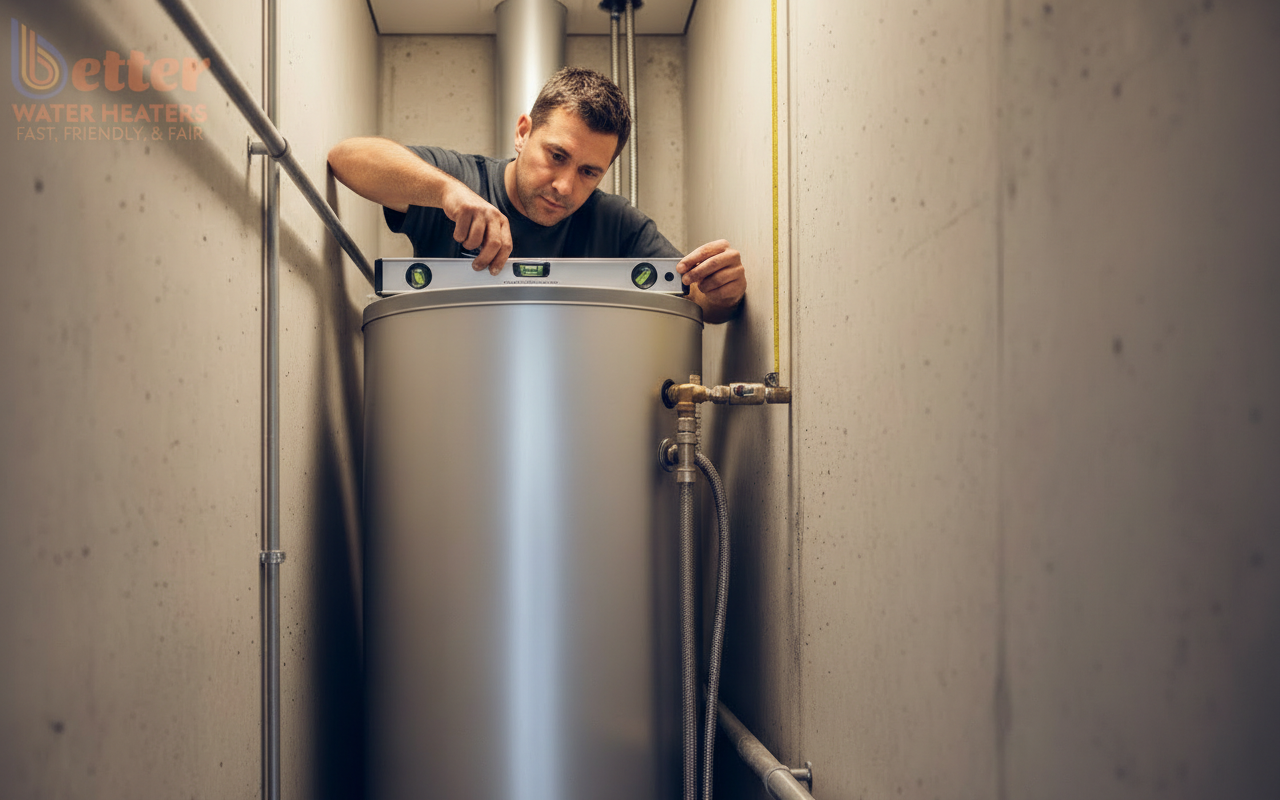 Plumber measuring a water heater for service access framework compliance in a tight Bay Area closet