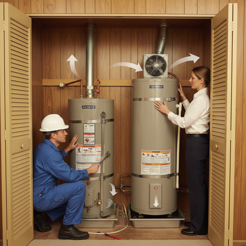 Water Heater Space Requirements Comparison Infographic comparing space requirements for gas vs heat pump water heaters