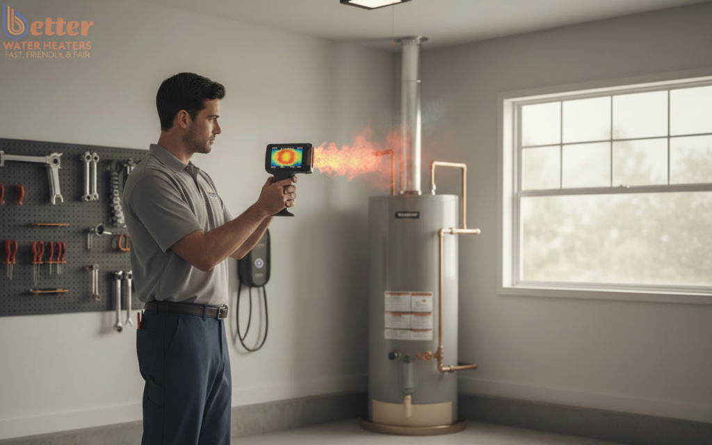 Technician performing a thermal leak audit on a garage water heater showing heat loss signatures