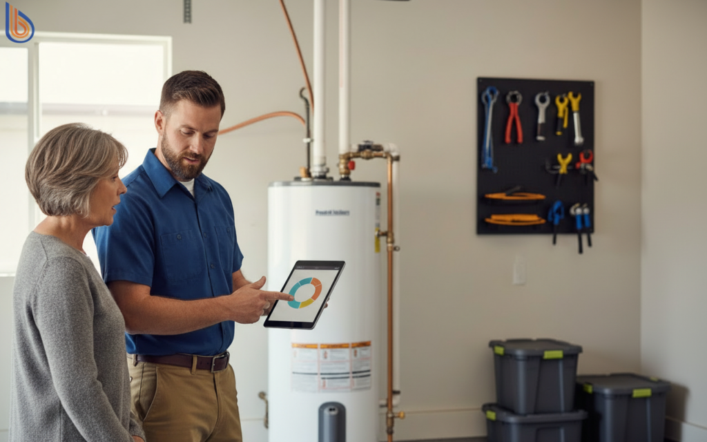 Evaluating water heater lifecycle costs with a professional consultant in a Bay Area home