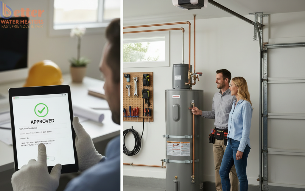 Digital water heater permit process showing approval for a Bay Area home