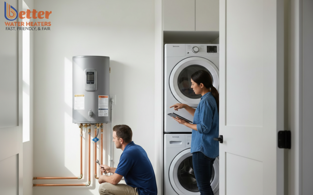 Space-saving ADU water heater installation in a compact utility closet