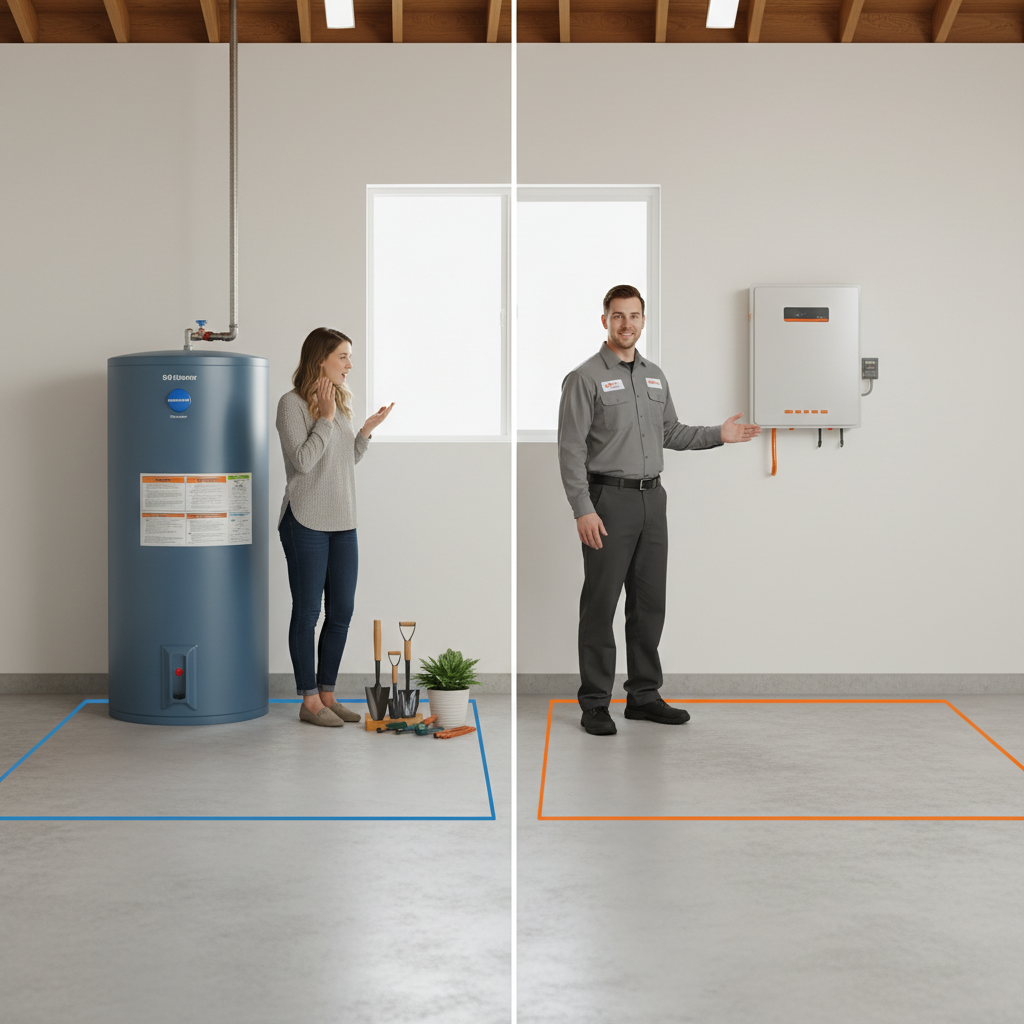 Comparison of ADU water heater footprints showing space savings