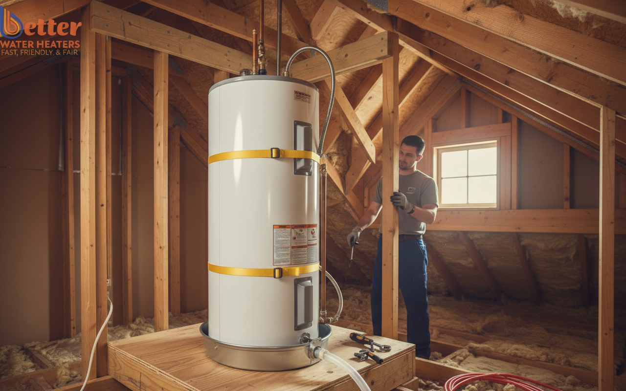 Correct attic water heater installation with structural support and seismic strapping