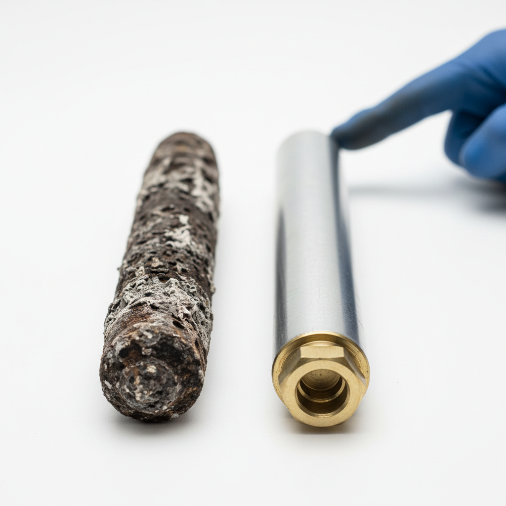 Corroded anode rod due to water heater corrosion in coastal areas