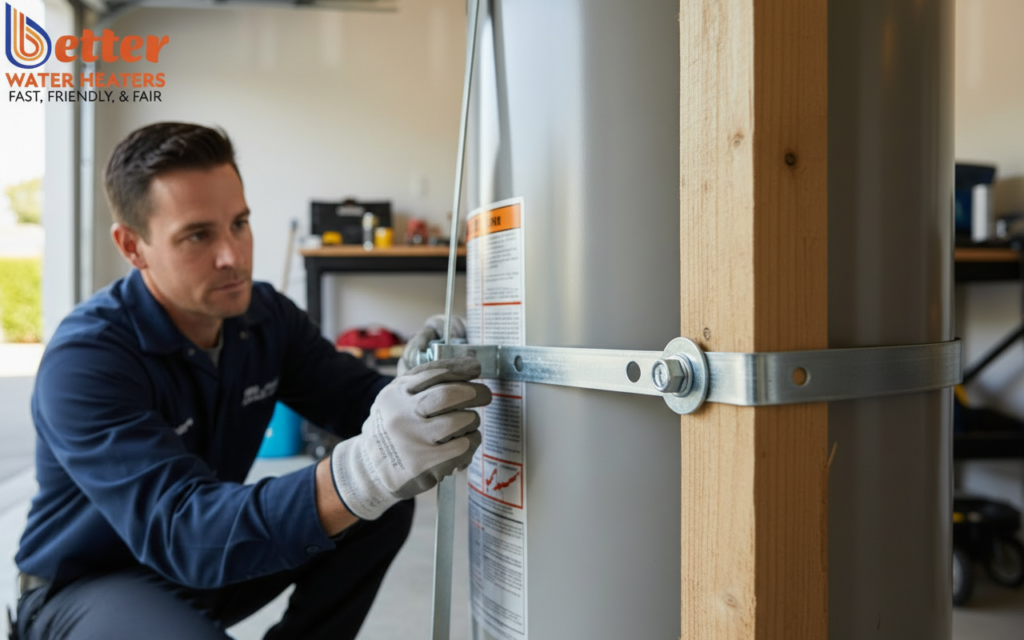 Professional installation of Bay Area seismic retrofitting straps on a water heater